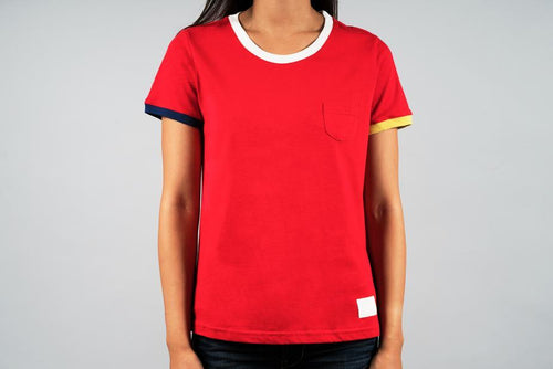 woman wearing red sports tee